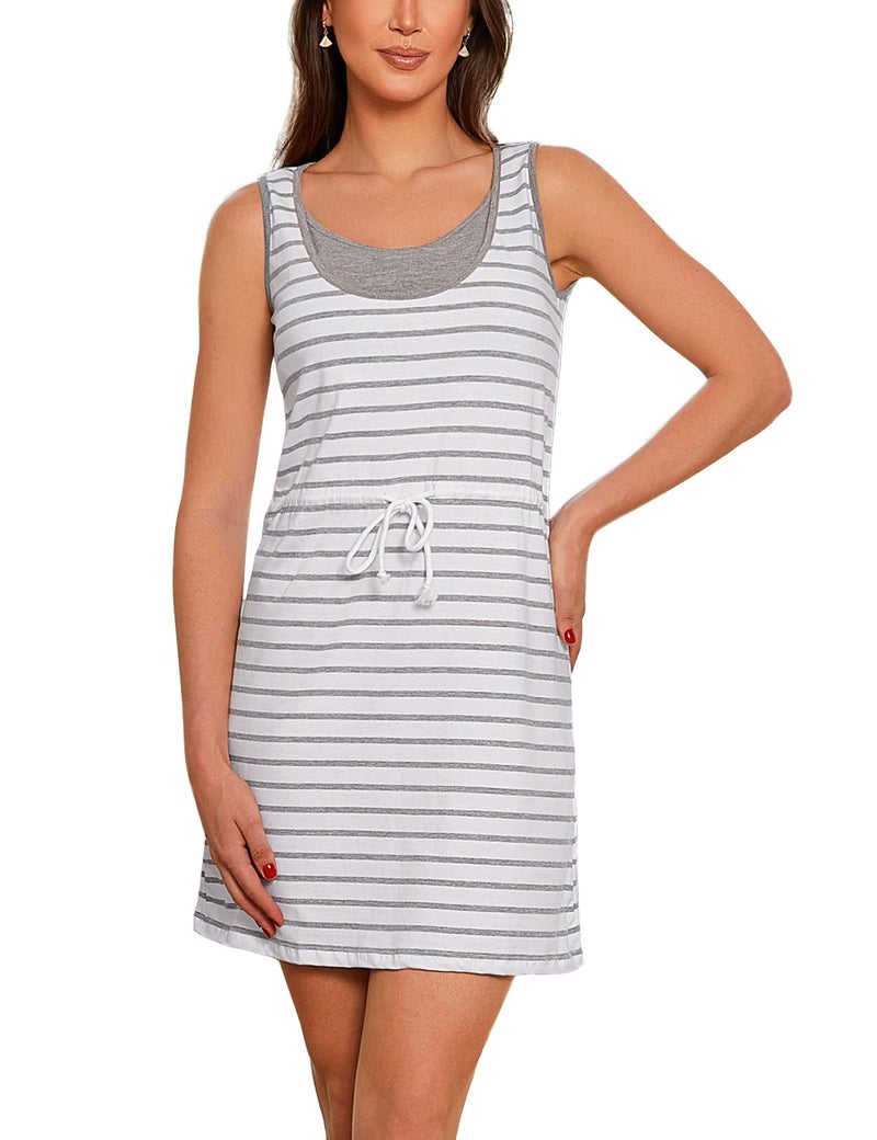 Bhome Sleevless Maternity Nursing Tank Dress Knee Length Grey Striped L - Image 1